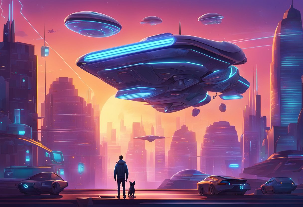 A futuristic cityscape with neon lights and flying cars, a robotic dog with glowing eyes standing guard in front of a spaceship