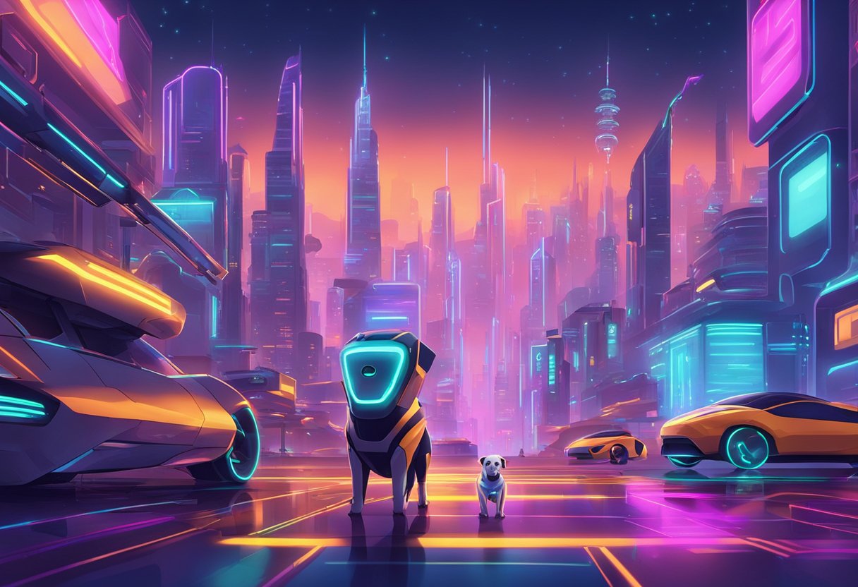 A futuristic cityscape with neon lights and flying cars. A robotic dog with glowing eyes stands beside its human companion