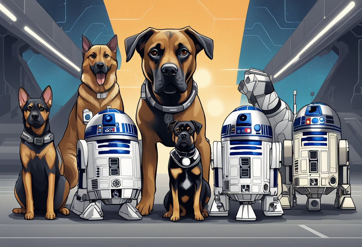 A group of iconic sci-fi canines, such as R2-D2 and K-9, stand together with futuristic backgrounds