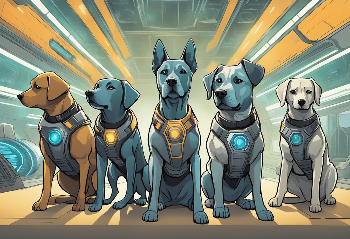 A group of futuristic dogs stand in a sci-fi setting, each bearing a name from an action and adventure movie. The dogs are posed in a dynamic and heroic manner, ready for an epic adventure