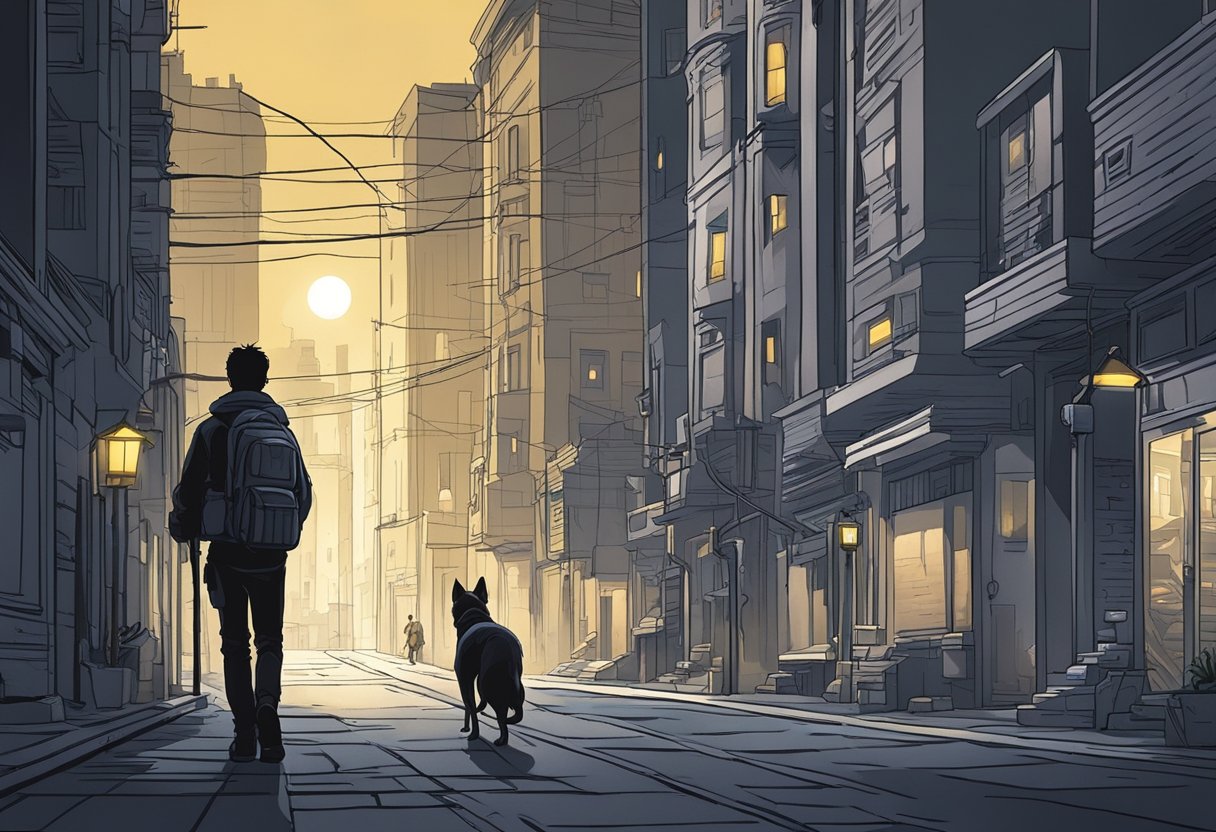 A dark, futuristic cityscape with eerie glowing lights and shadowy figures lurking in the alleys. A lone dog roams the streets, its fur standing on end as it senses an unseen threat