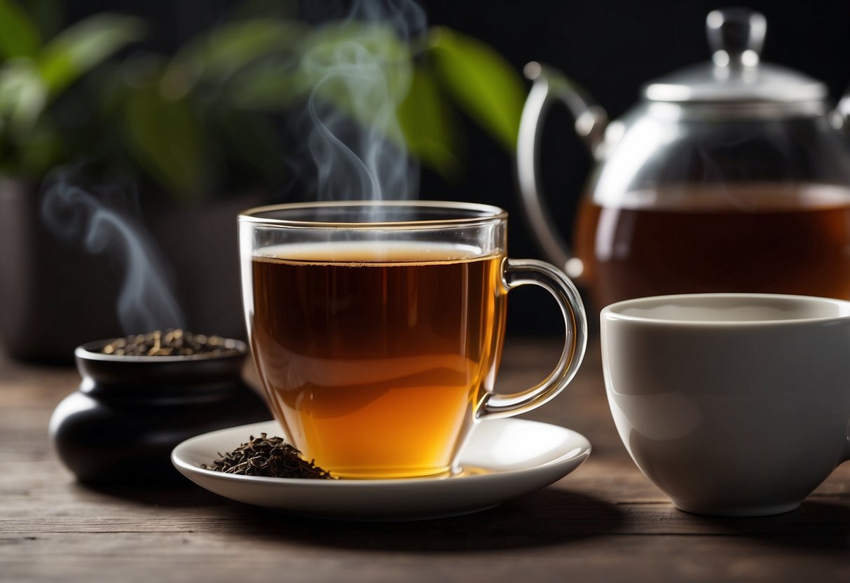 A timer next to a steaming cup of black tea, indicating the recommended steeping time for optimal health benefits