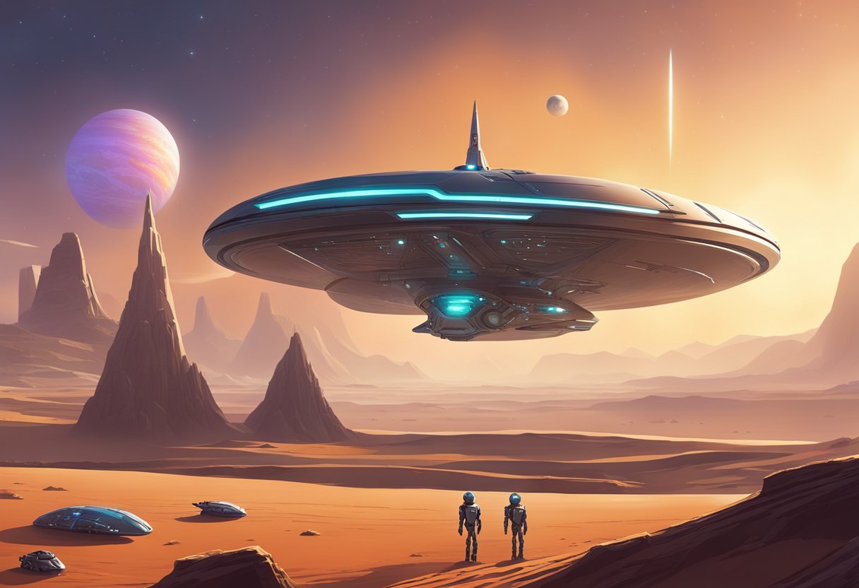 A sleek spaceship hovers above a distant planet, while futuristic dog-like robots roam the surface, their metallic bodies reflecting the glow of the alien landscape