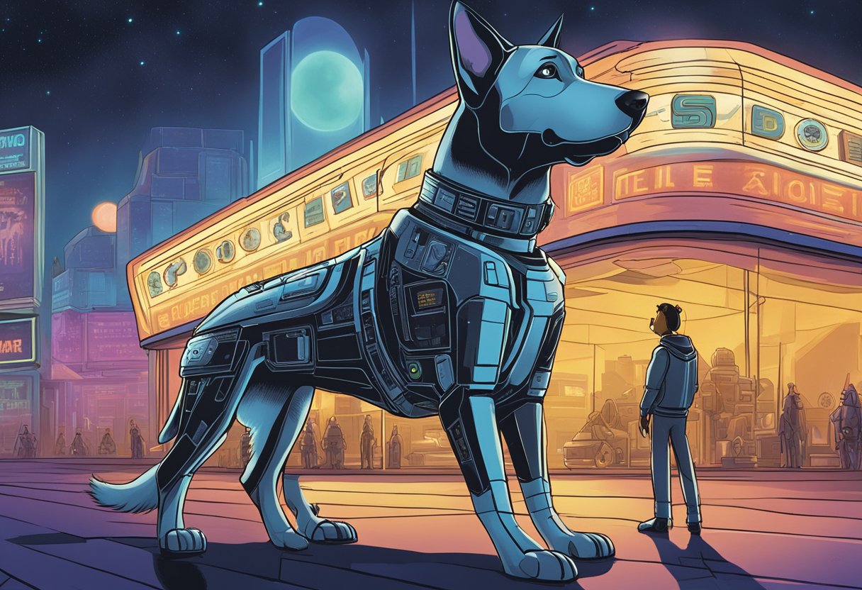 A futuristic canine stands in front of a glowing movie marquee, with various sci-fi movie titles displayed. The dog looks contemplative, as if trying to choose the perfect name for their new role