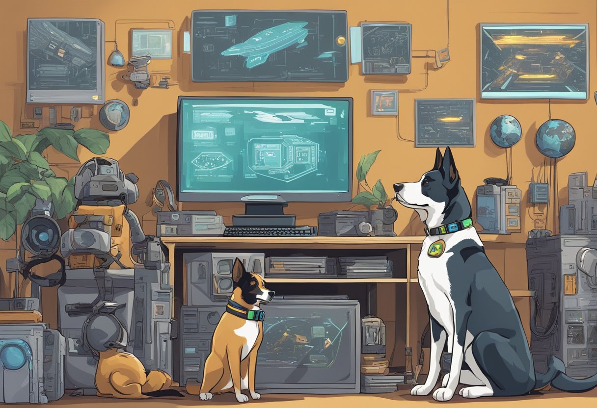 Dogs watching sci-fi movies, surrounded by futuristic gadgets and posters, with names like "Neo" and "Ripley" on their collars