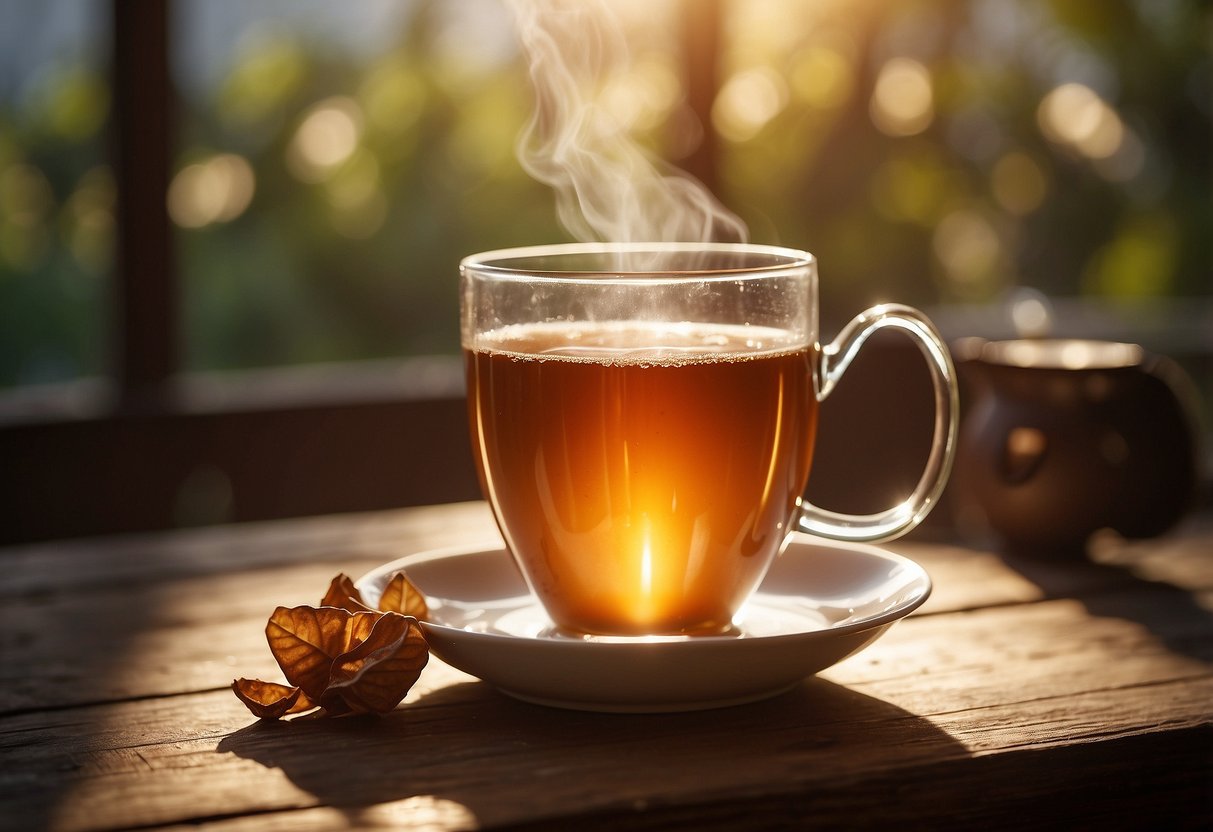 A steaming cup of caramel tea sits on a rustic wooden table, surrounded by scattered tea leaves and a vintage teapot. Sunlight filters through a nearby window, casting a warm glow over the scene