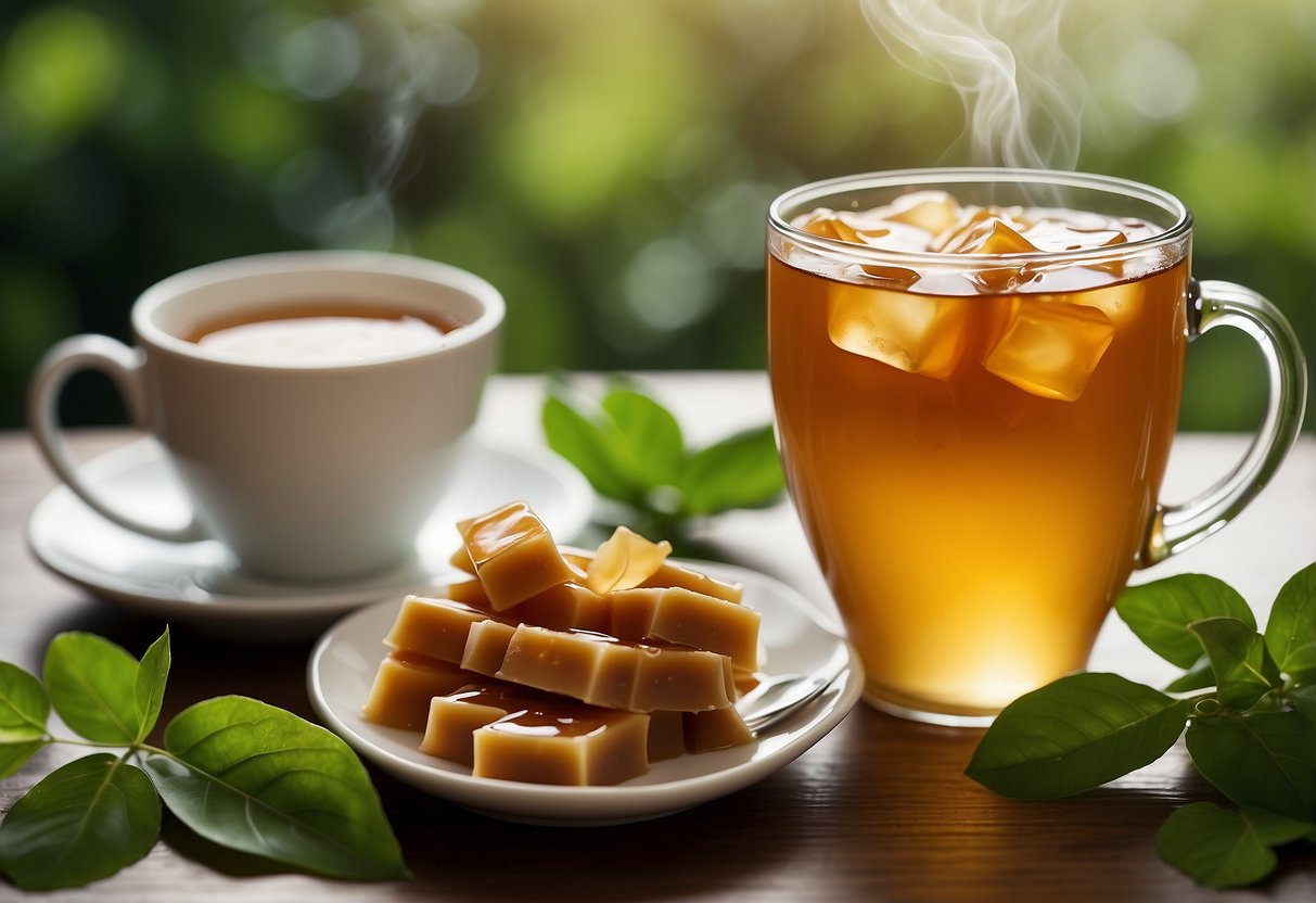 A steaming cup of caramel tea surrounded by fresh caramel pieces and a backdrop of lush green tea leaves
