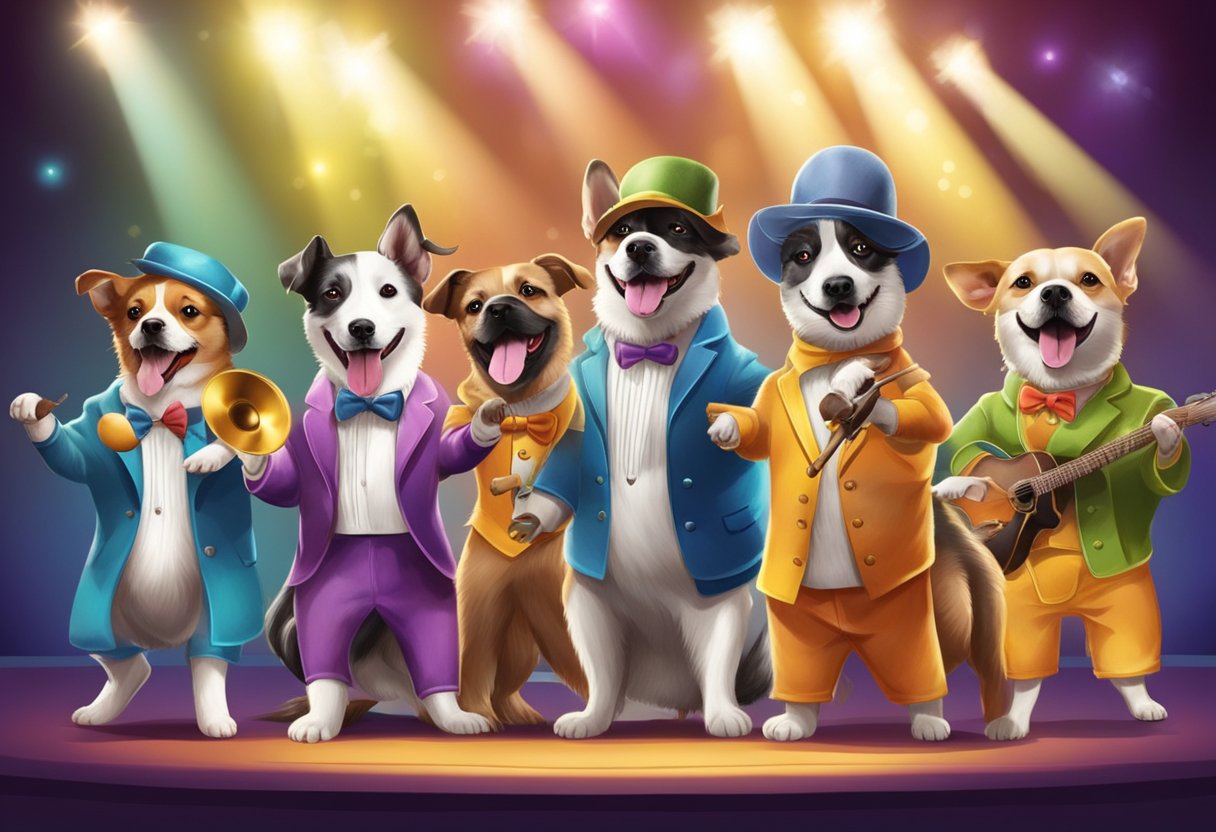 A group of dogs in colorful costumes perform on a stage with a spotlight, singing and dancing to musical theatre tunes