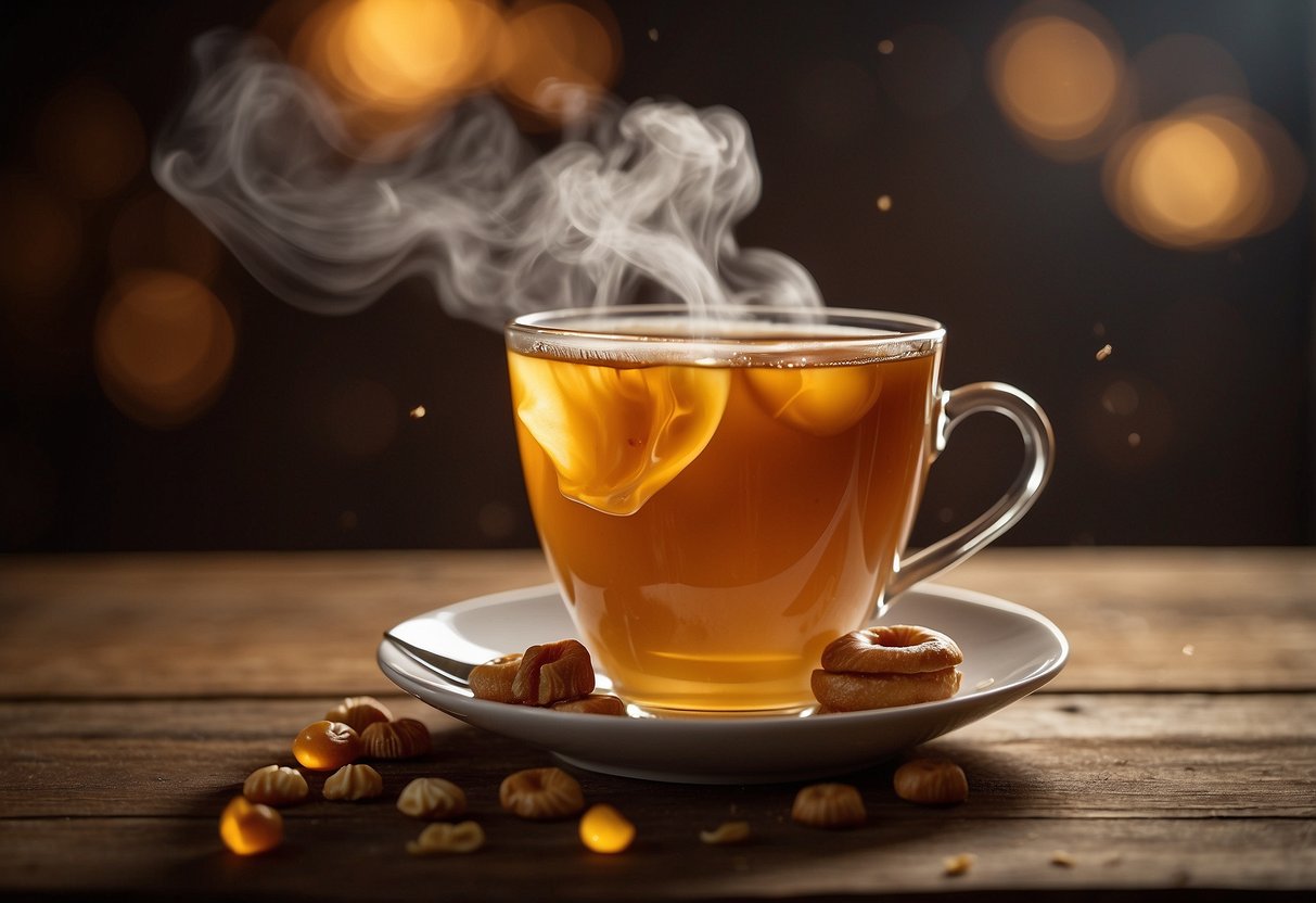 A steaming cup of caramel tea sits on a rustic wooden table, with swirling wisps of steam rising from the rich, amber-colored liquid. A few caramel candies are scattered around the cup, adding a touch of sweetness to the scene