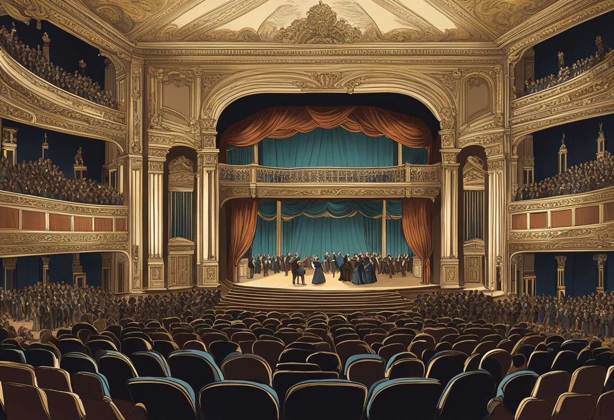 A bustling 19th-century theater with ornate decor and a grand stage set for a musical performance