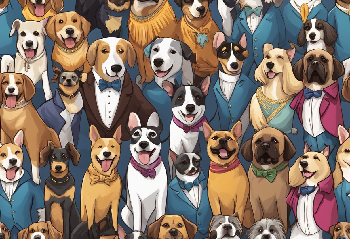 A group of dogs dressed in musical theatre costumes, barking in harmony to different genres of music. Their names inspired by famous musicals