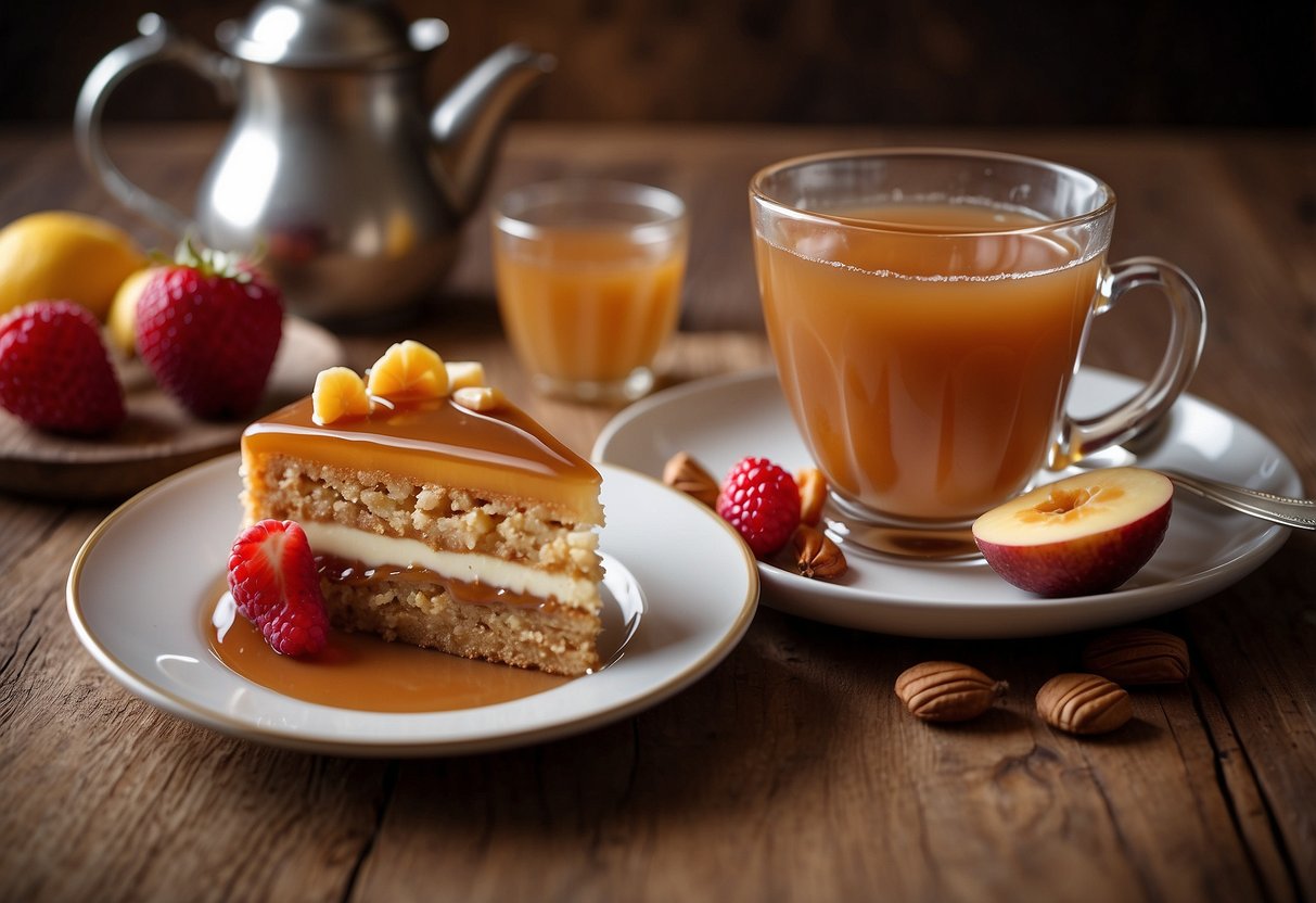 A steaming cup of caramel tea sits next to a plate of fresh fruit and a slice of rich caramel cake on a rustic wooden table