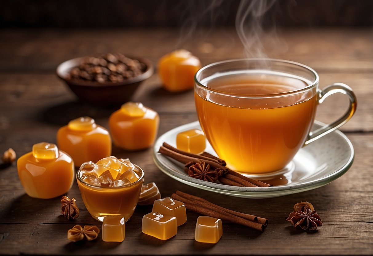 A steaming cup of caramel tea sits on a rustic wooden table, surrounded by scattered caramel candies and a few loose tea leaves