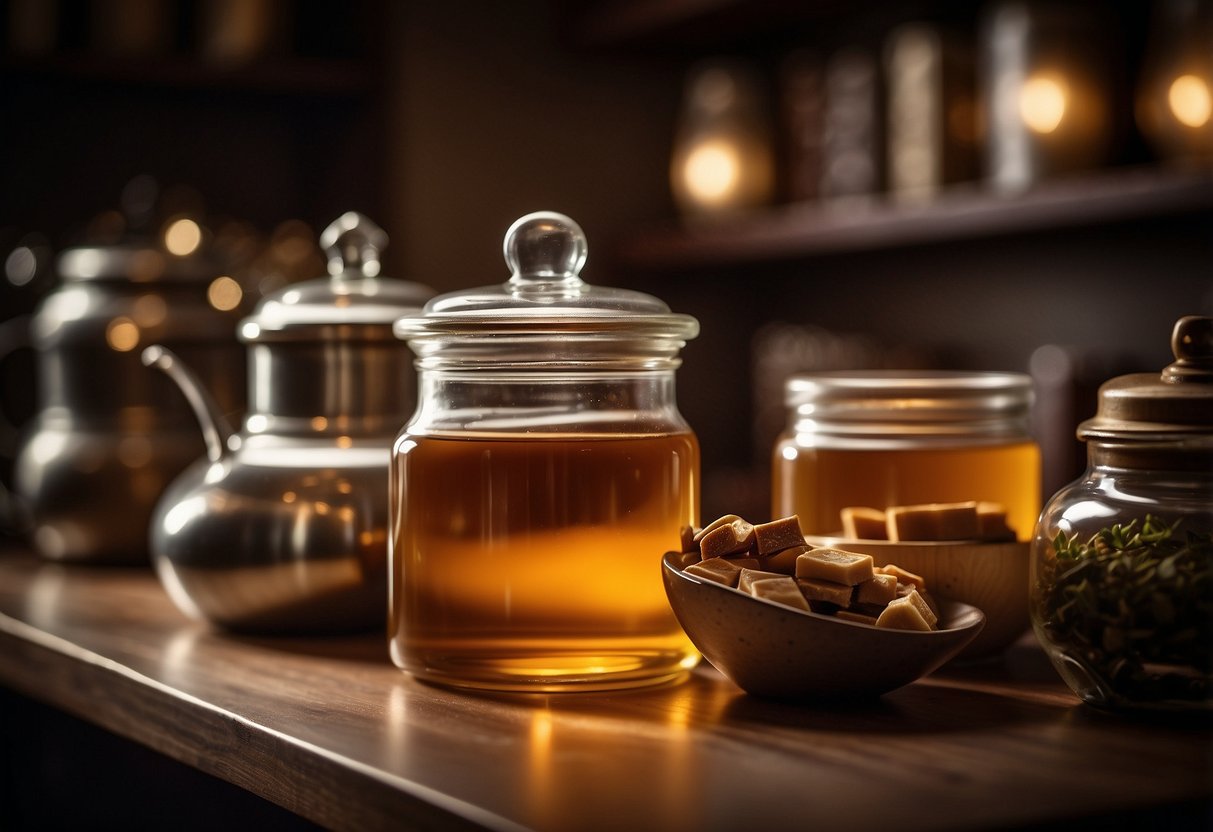 A glass jar of caramel tea sits on a wooden shelf, surrounded by other tea canisters. The room is dimly lit, with a cozy and inviting atmosphere