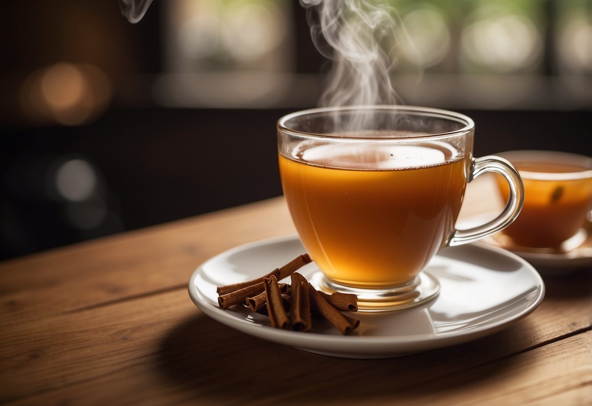 A steaming cup of caramel tea sits on a wooden table, surrounded by scattered tea leaves and a delicate tea infuser