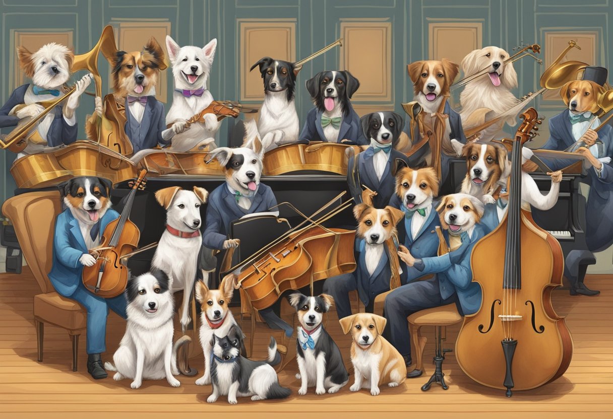 Dogs surrounded by musical instruments, with names like "Fiddler" and "Piano" on a theater stage