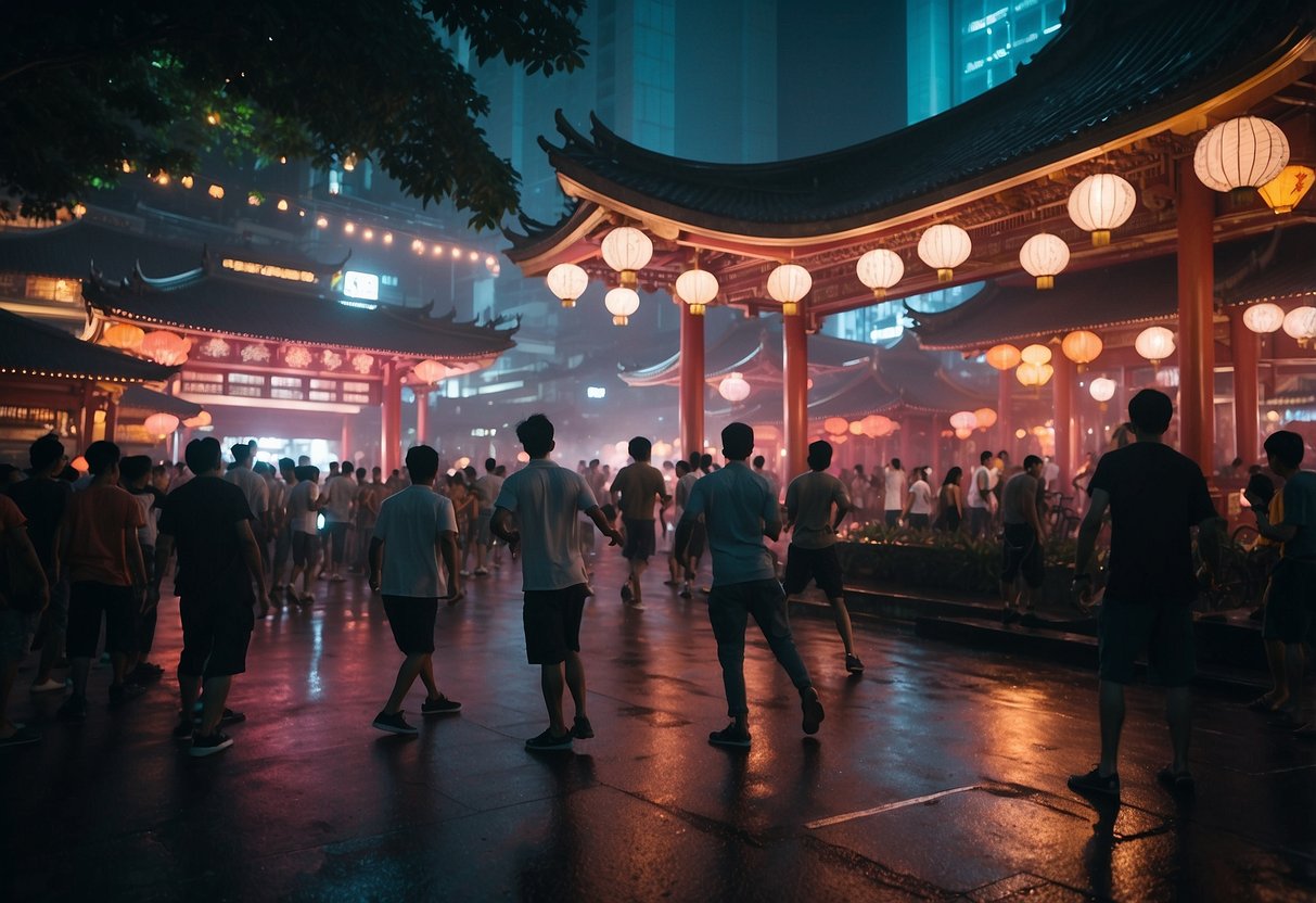 A chaotic street fight in Singapore, with neon lights and traditional architecture as a backdrop