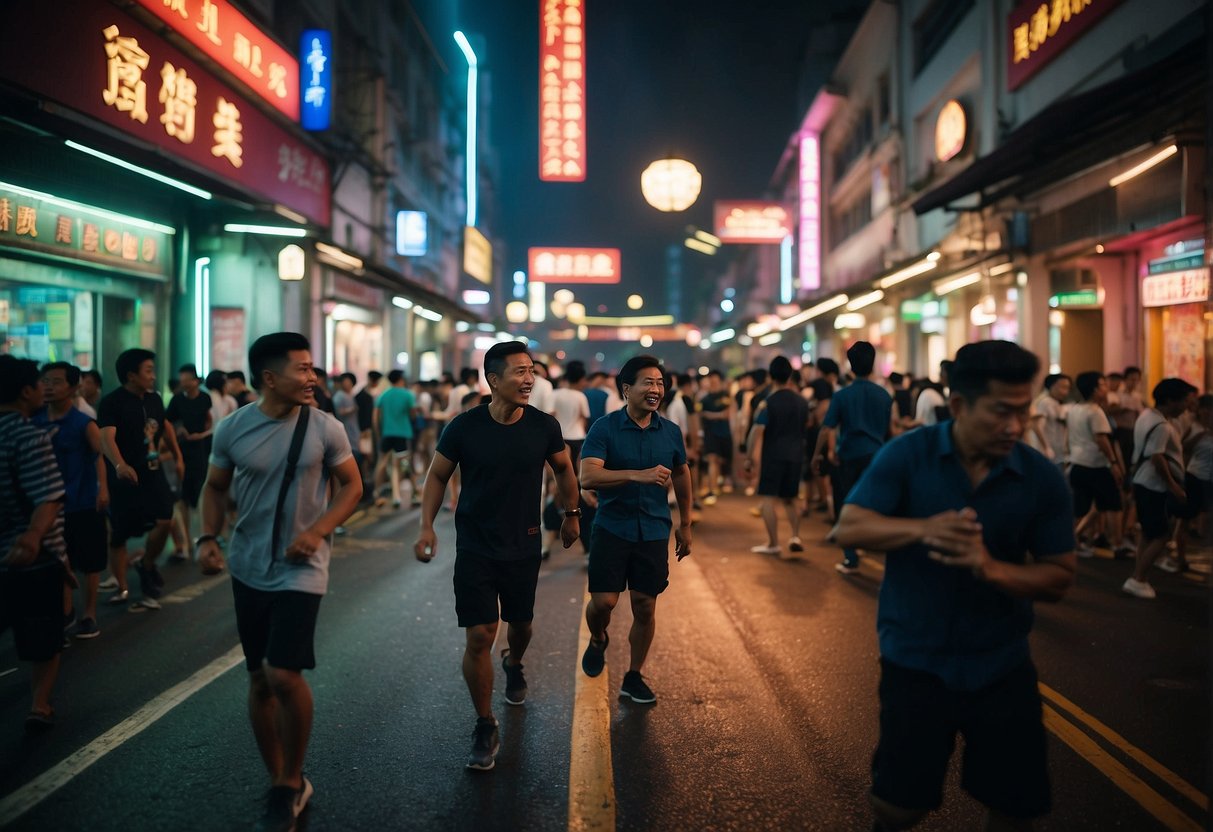A chaotic street fight in Singapore, with neon lights and traditional architecture as a backdrop