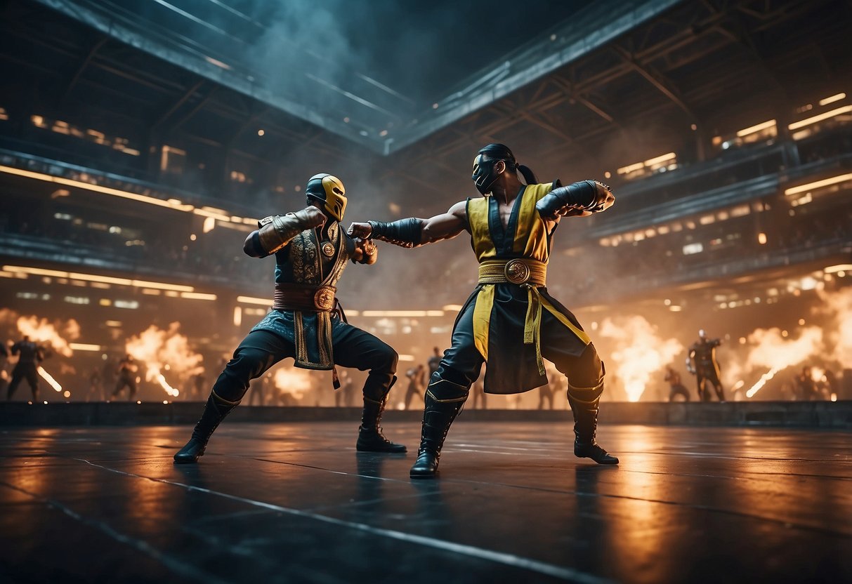 A fierce battle in a futuristic Singapore arena, with intense martial arts moves and special powers being unleashed by the iconic Mortal Kombat characters