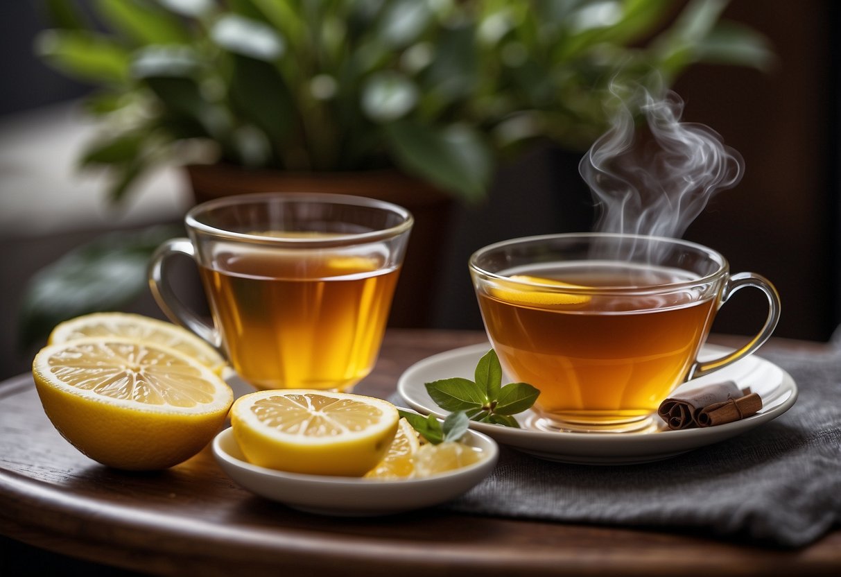 A steaming cup of Earl Grey tea sits on a saucer, surrounded by slices of lemon and a small dish of honey