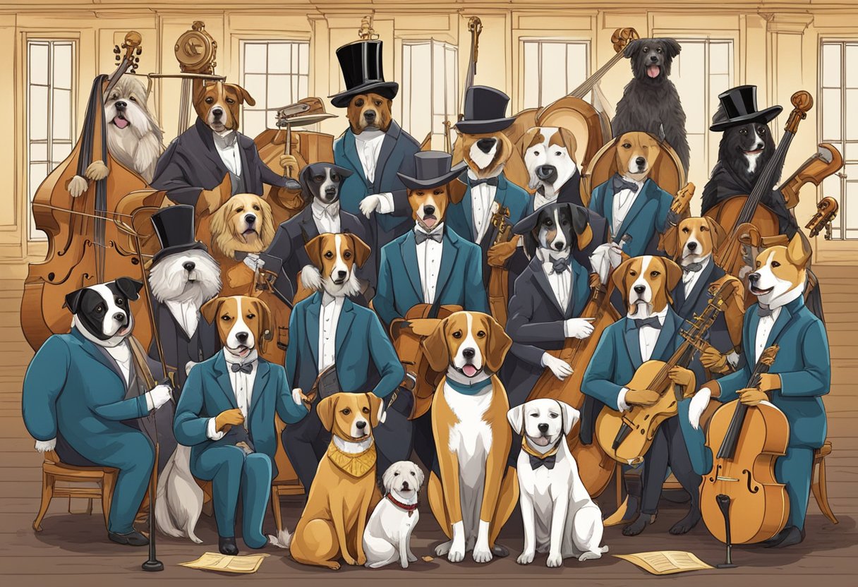 Dogs in costumes of famous musical characters, surrounded by musical notes and theater props