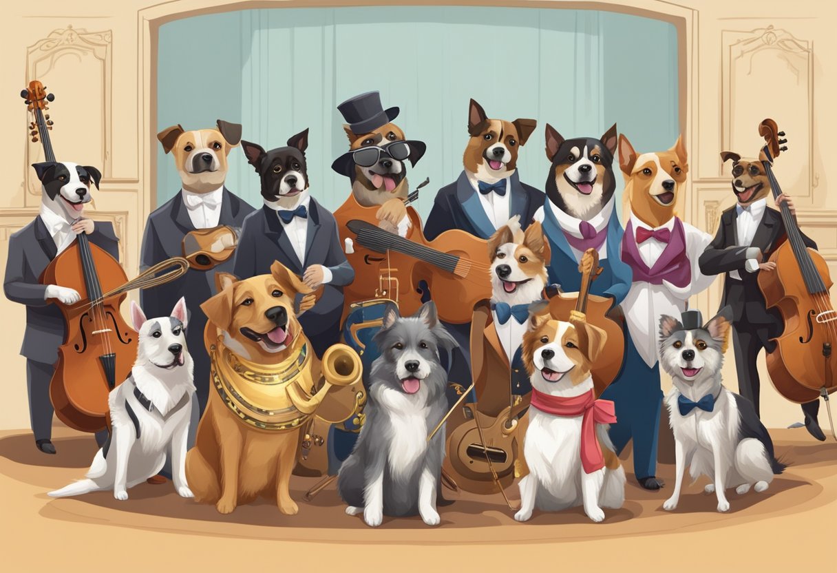 A group of dogs in various musical theatre costumes and settings, with names like Jazz, Soprano, and Tango, performing on a stage with musical instruments