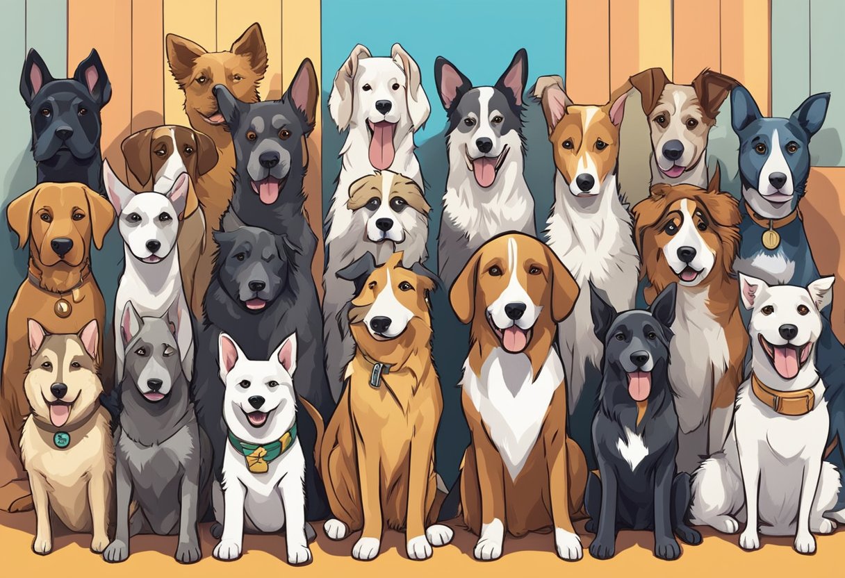A pack of dogs gather on a stage, each with a name tag representing a different musical genre. They mingle and bark in harmony, embodying the diverse world of contemporary and genre-crossing musical theatre dog names