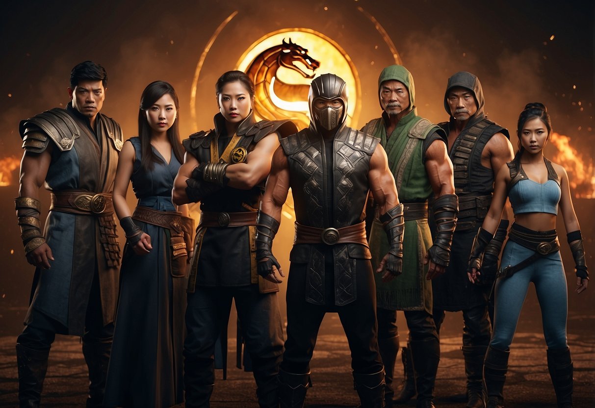 A group of people in Singapore gathered around a Mortal Kombat sign, with a list of frequently asked questions displayed