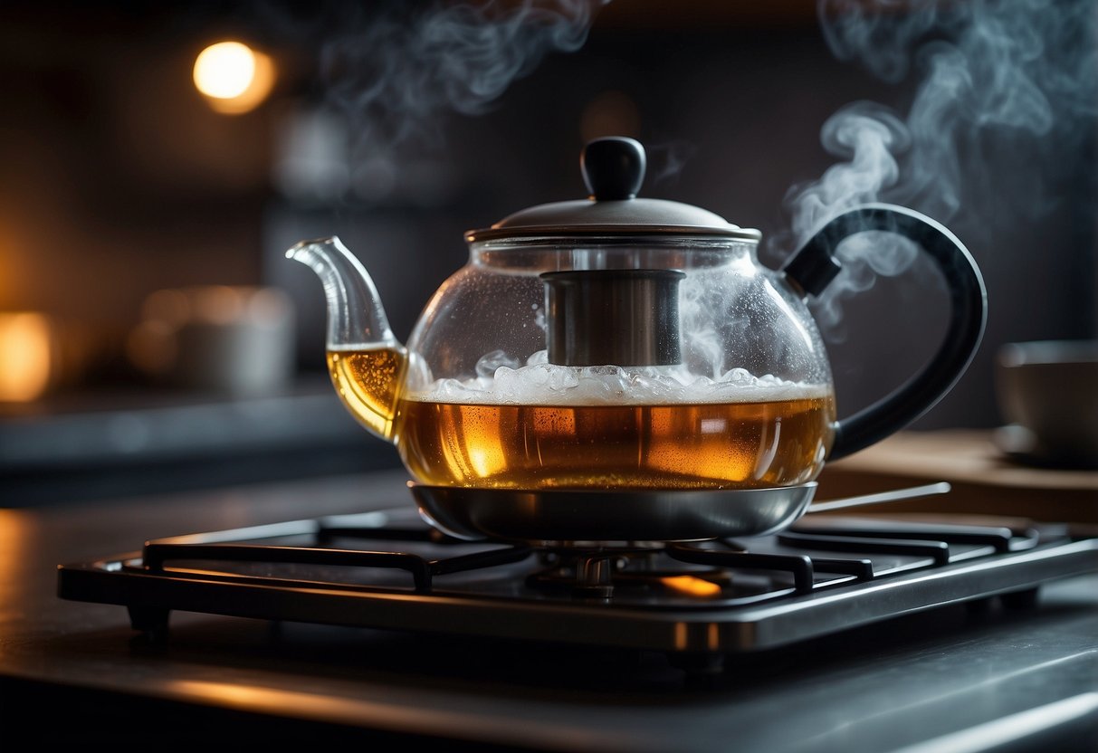 A teapot sits on a stove, steam rising from the spout. A spoon stirs loose tea leaves in a cup. A timer ticks on the counter