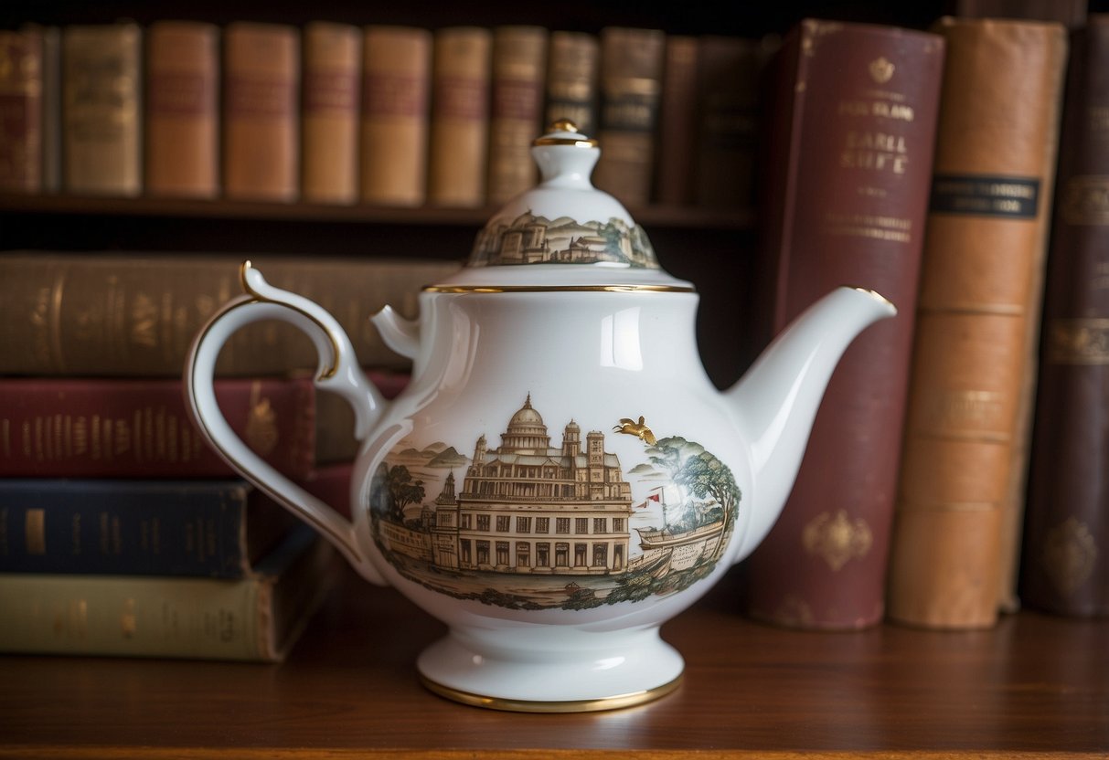 Earl Grey tea leaves steep in a delicate porcelain teapot, surrounded by antique books and artifacts. A map of England hangs on the wall, emphasizing the historical and cultural significance of the tea