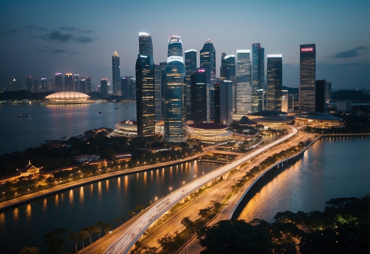 A bustling cityscape with modern skyscrapers and vibrant street life, showcasing the dynamic energy of Singapore's urban landscape