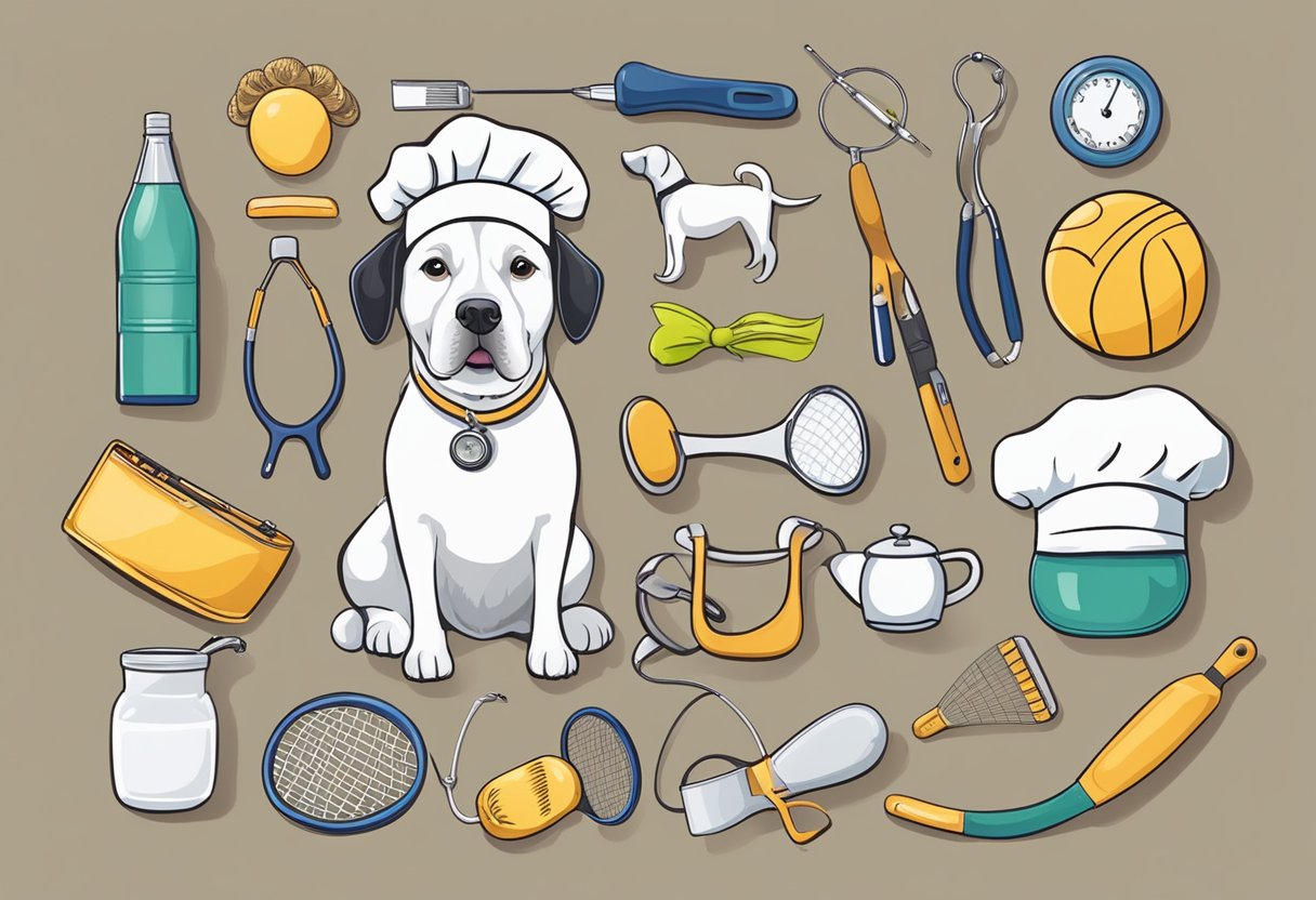 A dog surrounded by various objects related to different occupations and hobbies, such as a stethoscope, paintbrush, tennis ball, and chef's hat