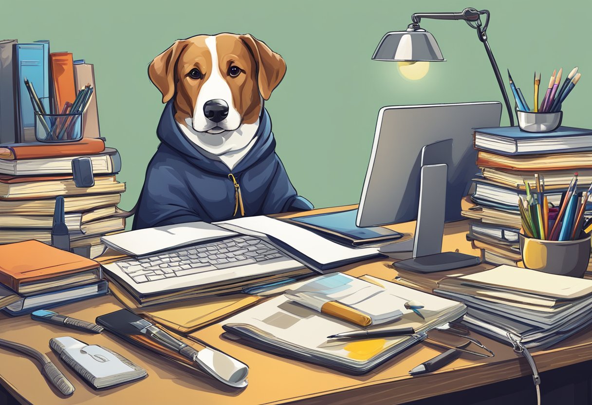 A dog sitting next to a desk with a computer, paintbrushes, and a leash, surrounded by books on careers and hobbies