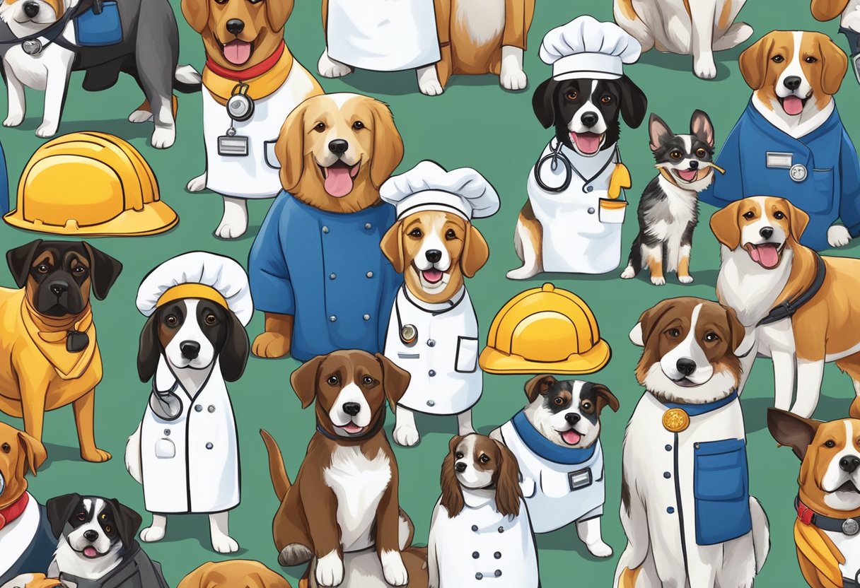 A group of dogs wearing various career-related outfits and accessories, such as doctor coats, construction hats, and chef aprons, while engaging in activities related to their respective professions and hobbies