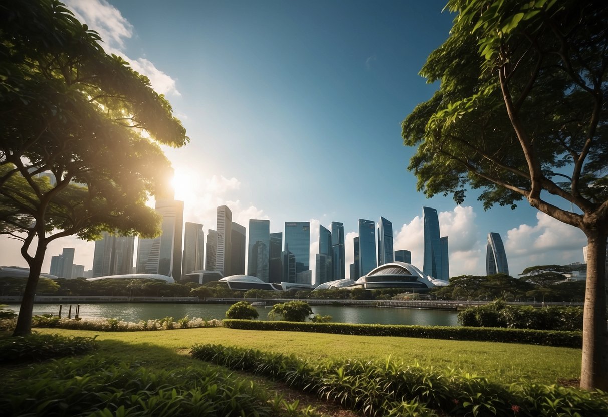 Singapore's skyline with renewable energy sources and green infrastructure, symbolizing the country's climate commitments