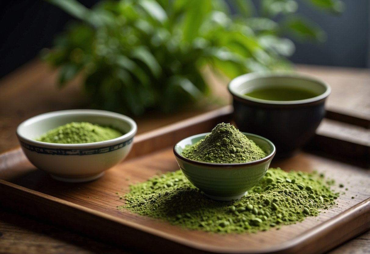 A vibrant green matcha powder sits in a ceramic bowl, while loose leaf green tea is scattered on a wooden tray. The matcha is finely ground, creating a smooth texture, while the green tea leaves are whole and varied in size