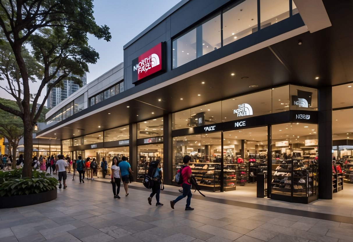 The North Face outlet in Singapore bustles with shoppers browsing outdoor gear and clothing. The storefront features a prominent logo and large windows