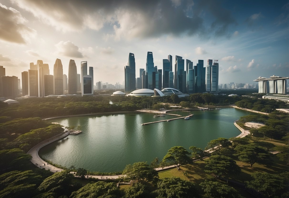 A bustling city skyline with green parks and renewable energy sources, symbolizing Singapore's commitment to sustainability