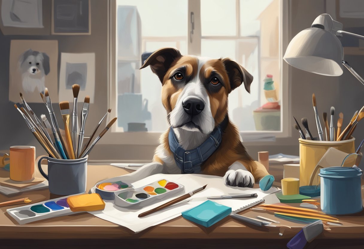 A dog with a paintbrush in its mouth, sitting beside a canvas with various hobby-related items scattered around