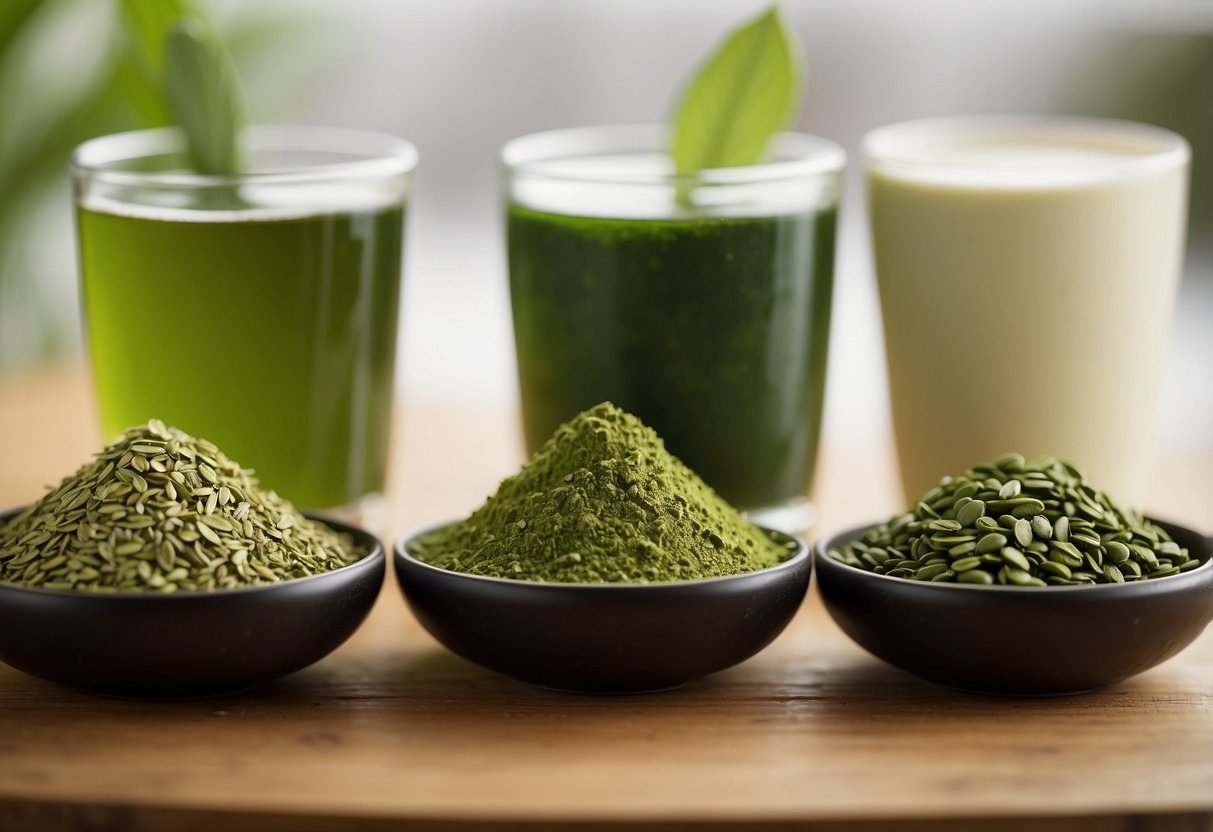 A side-by-side comparison of matcha and green tea leaves with their respective nutritional content listed in a clear, easy-to-read format