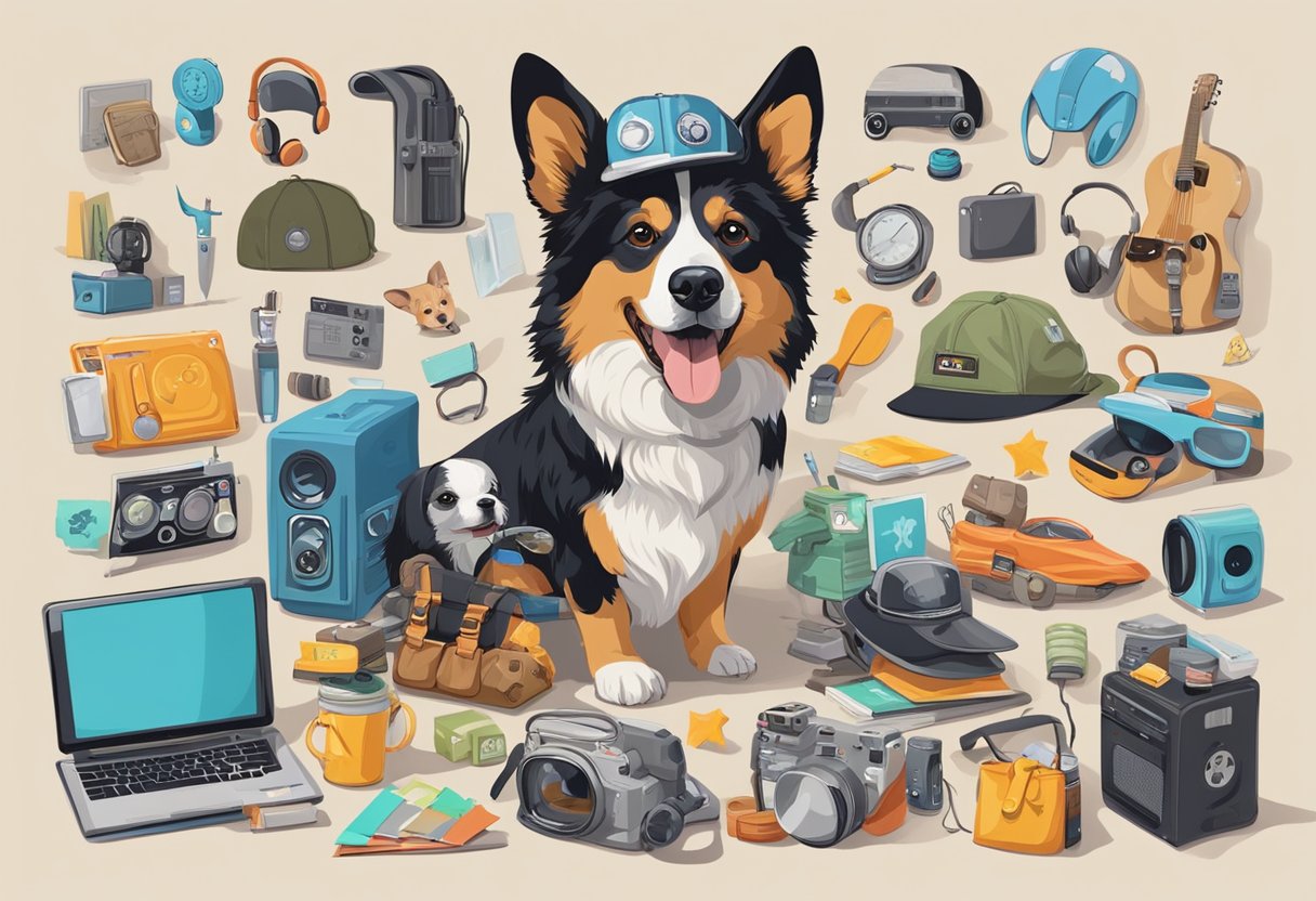 A dog surrounded by pop culture references, media icons, and hobby-related items, with dog names inspired by occupations and hobbies