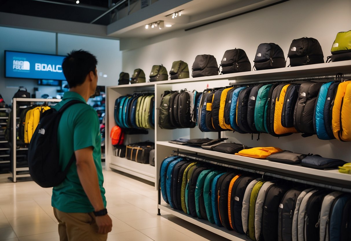 Customers browsing racks of outdoor gear at The North Face Outlet in Singapore. Brightly lit store with colorful displays