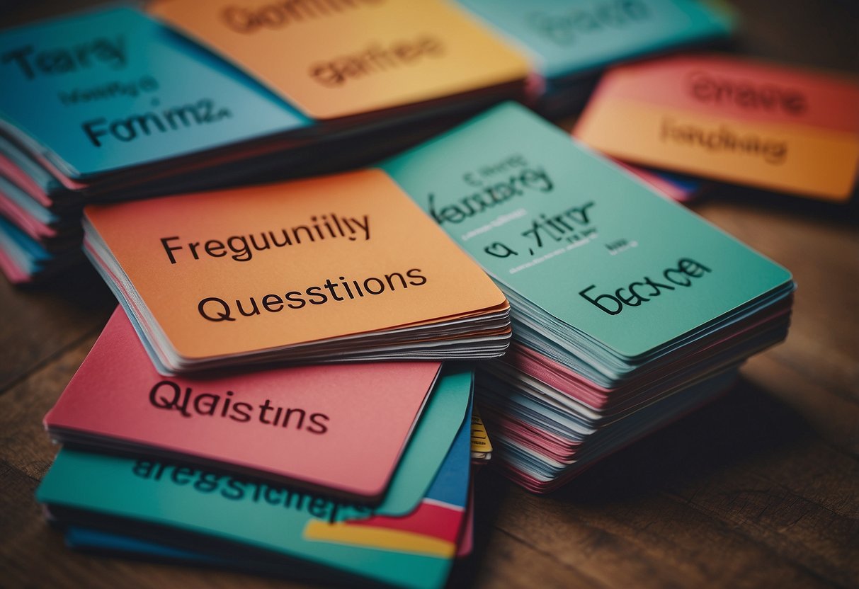 A stack of colorful question cards with "Frequently Asked Questions ndc singapore" printed on them