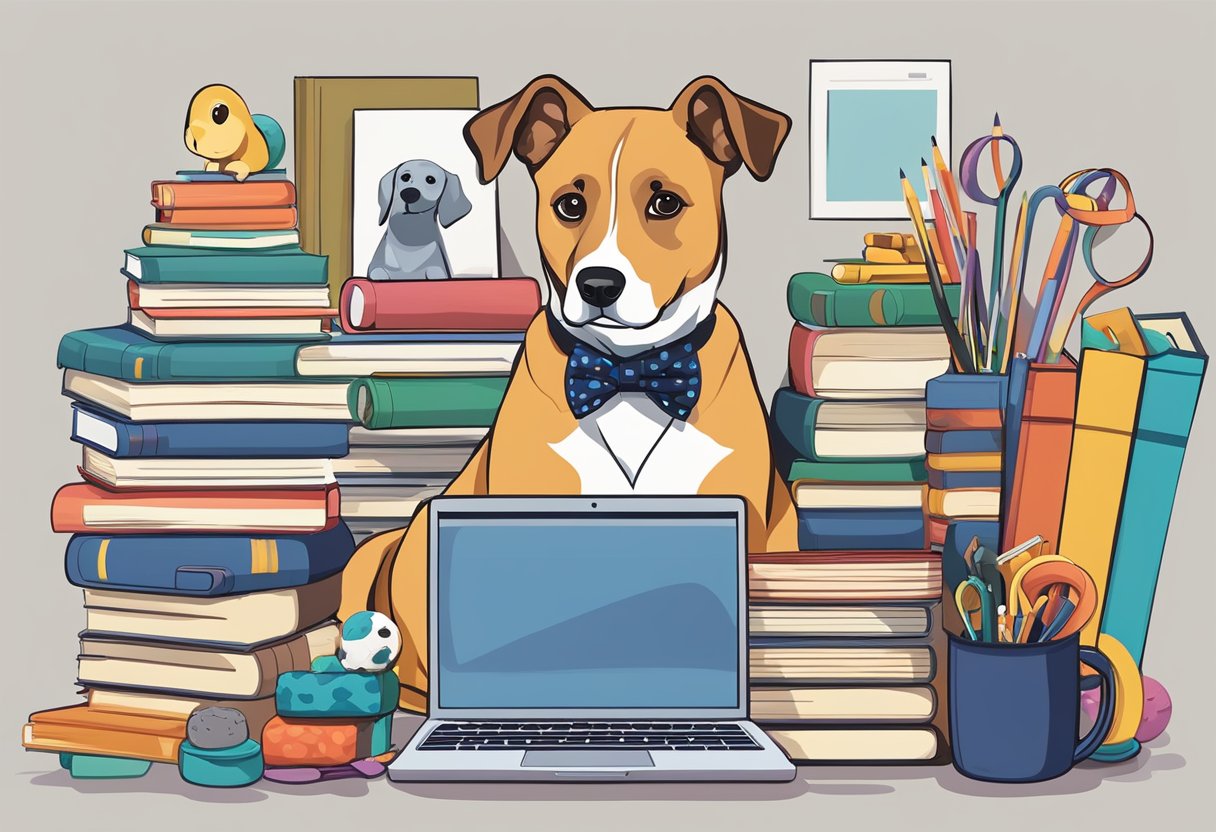 A dog wearing a bowtie sits next to a stack of books on philosophy, a laptop, and art supplies, surrounded by dog toys and a leash