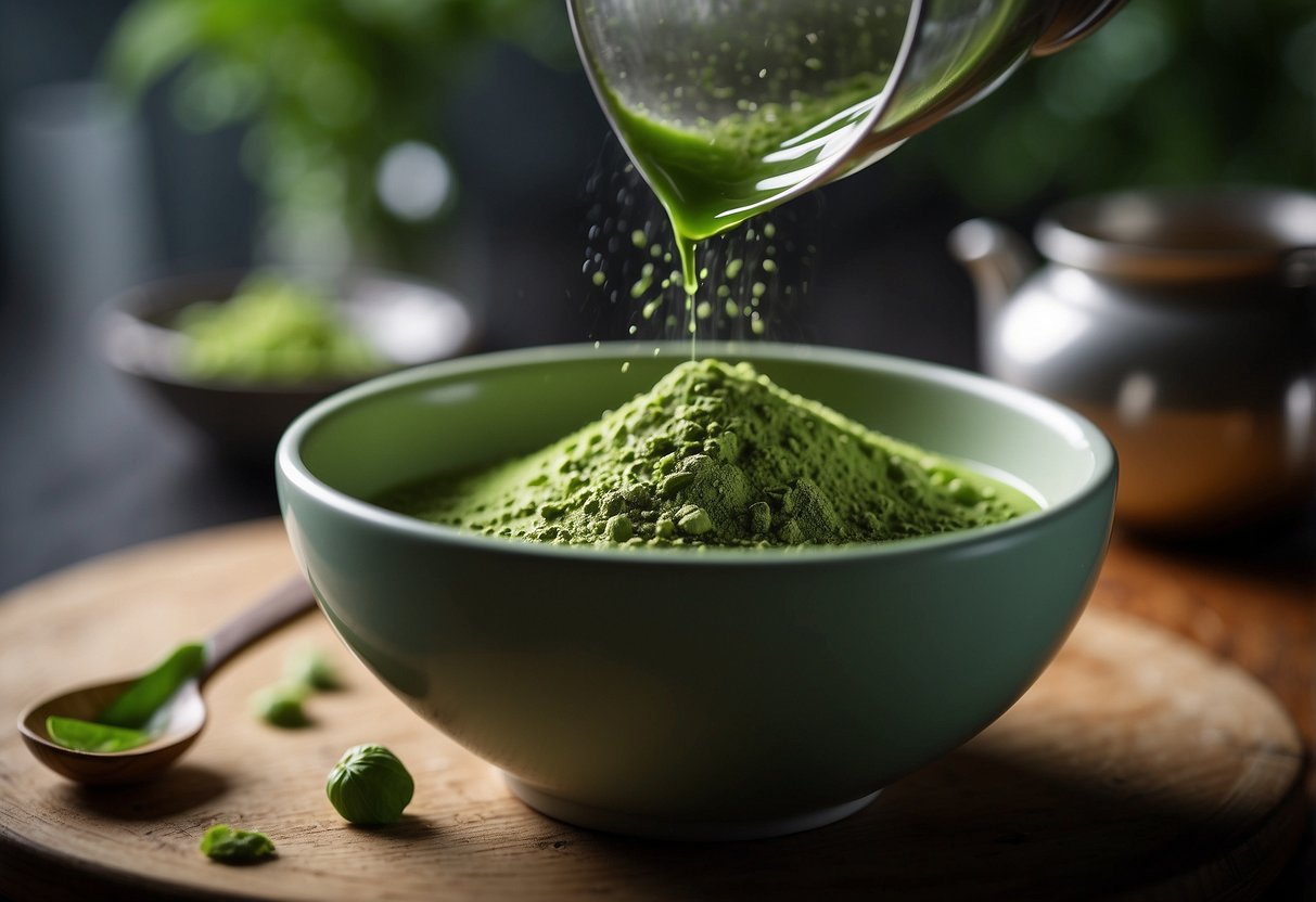 A bowl of matcha powder being whisked into a vibrant green froth, while a teapot pours steaming water over loose green tea leaves
