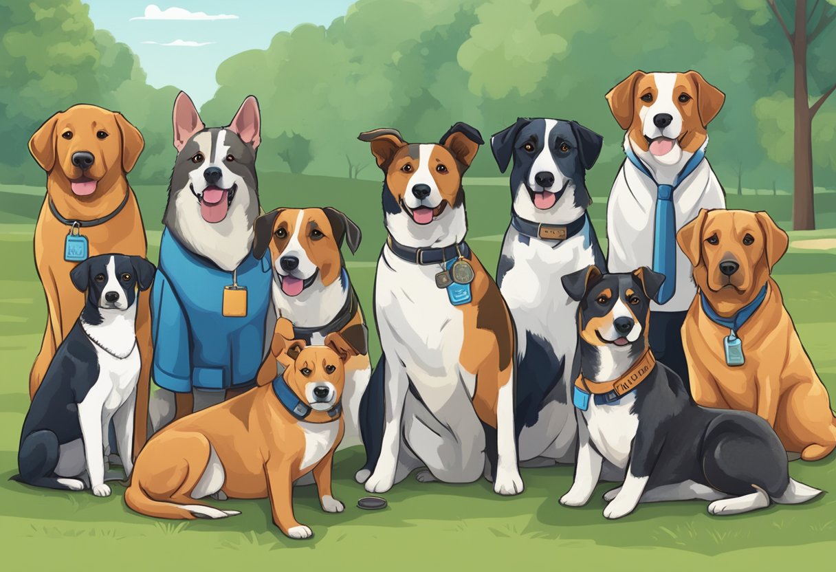 A group of dogs with various occupations and hobbies gathered in a park, each wearing a nametag reflecting their unique name inspired by their owner's profession or pastime