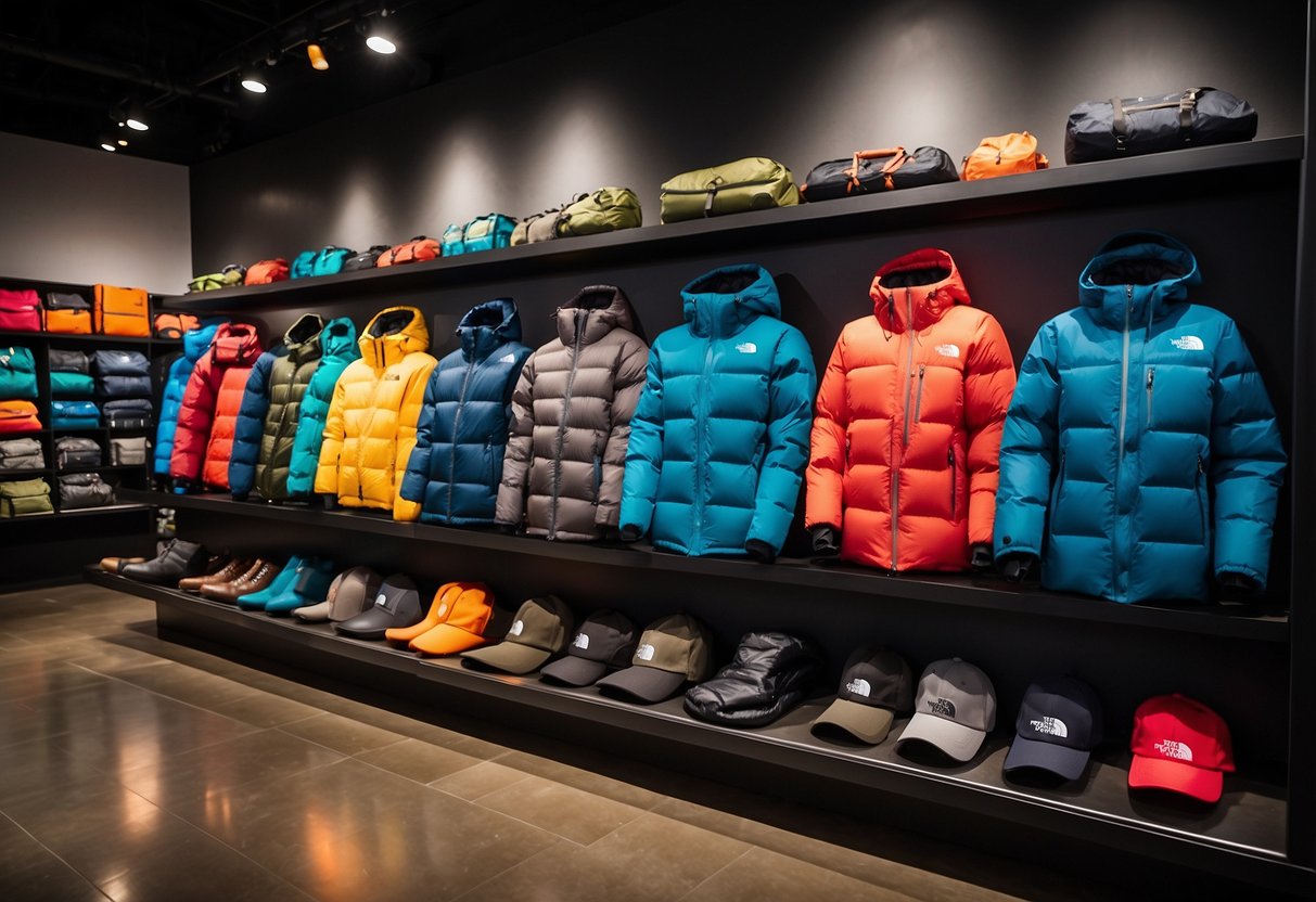 A display of North Face products, including jackets, backpacks, and footwear, with innovative features and designs at a Singapore outlet