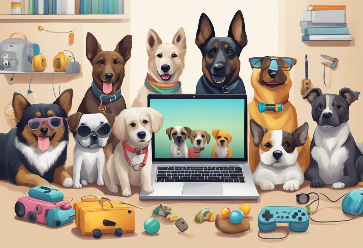 A group of dogs with various accessories and toys gather around a laptop, engaging in social media and sharing occupation and hobby-inspired names