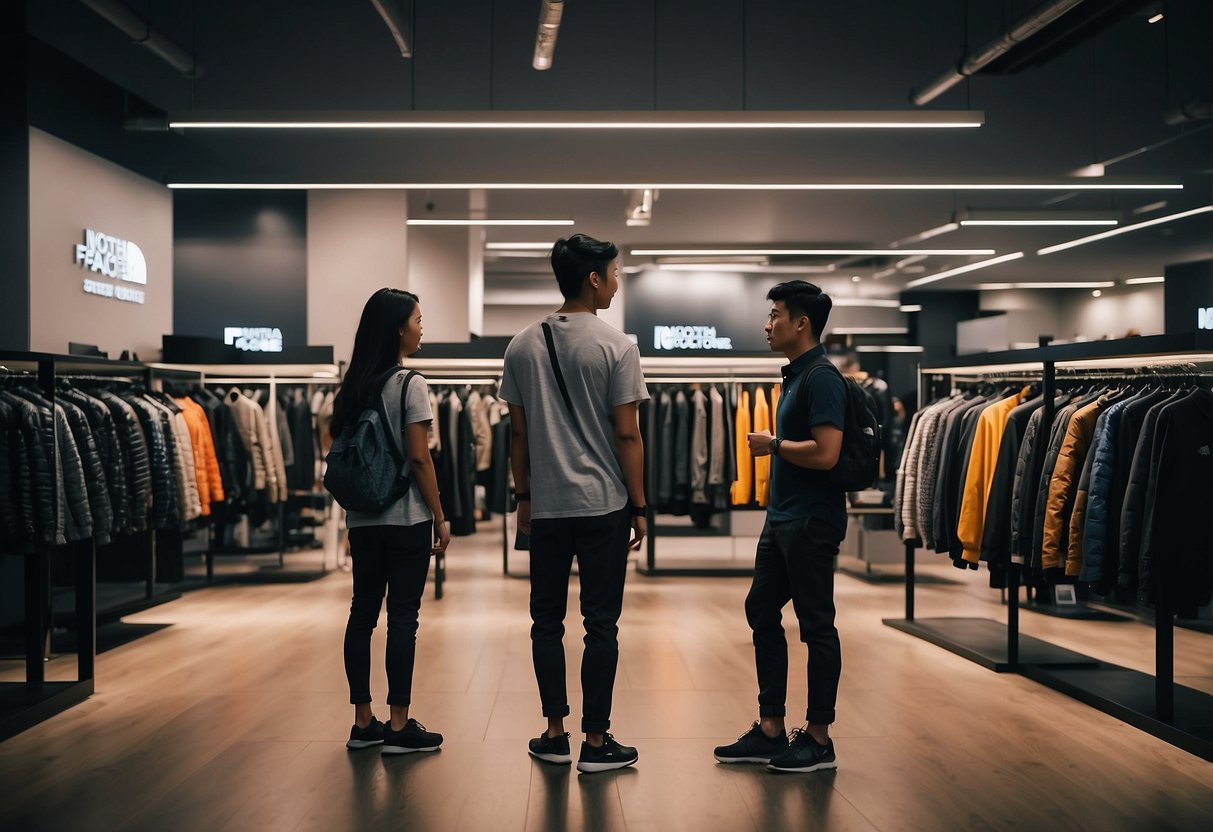 Customers browsing racks of clothing at a North Face outlet in Singapore, with a sign reading "Frequently Asked Questions" prominently displayed
