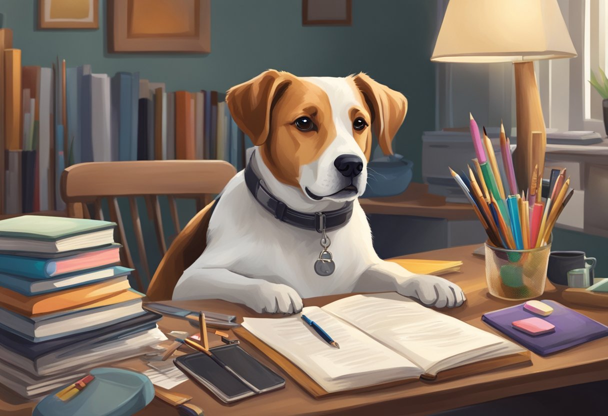 A dog sitting next to a desk with a laptop, surrounded by books and art supplies. The dog's name "Painter" is written on a canvas